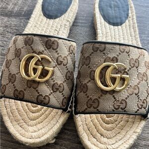 Gucci Brown and Gold Espadrille Shoes with Iconic GG Monogram